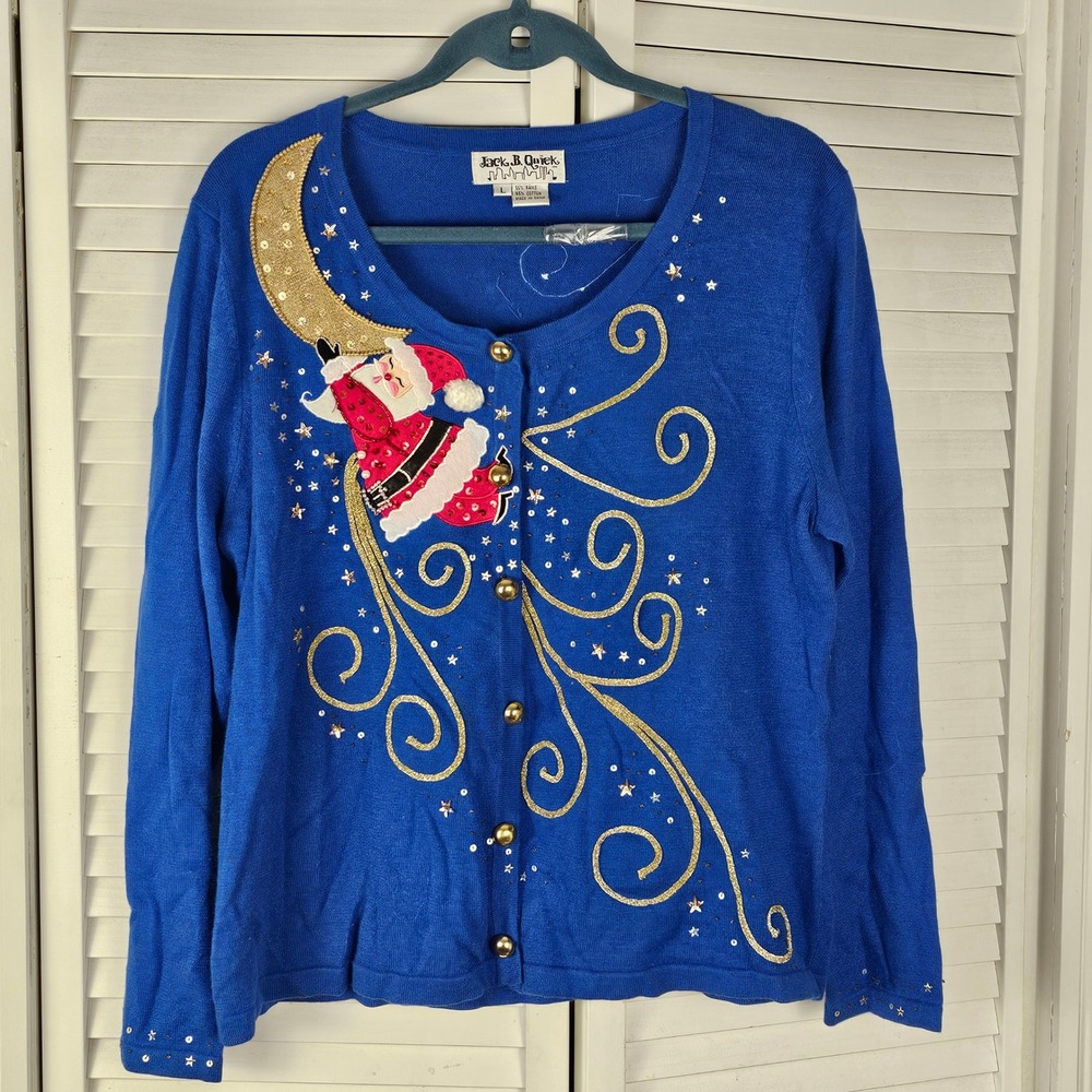 Vintage Jack B Quick Blue‎ Embellished Santa Moon Christmas Cardigan Sweater L